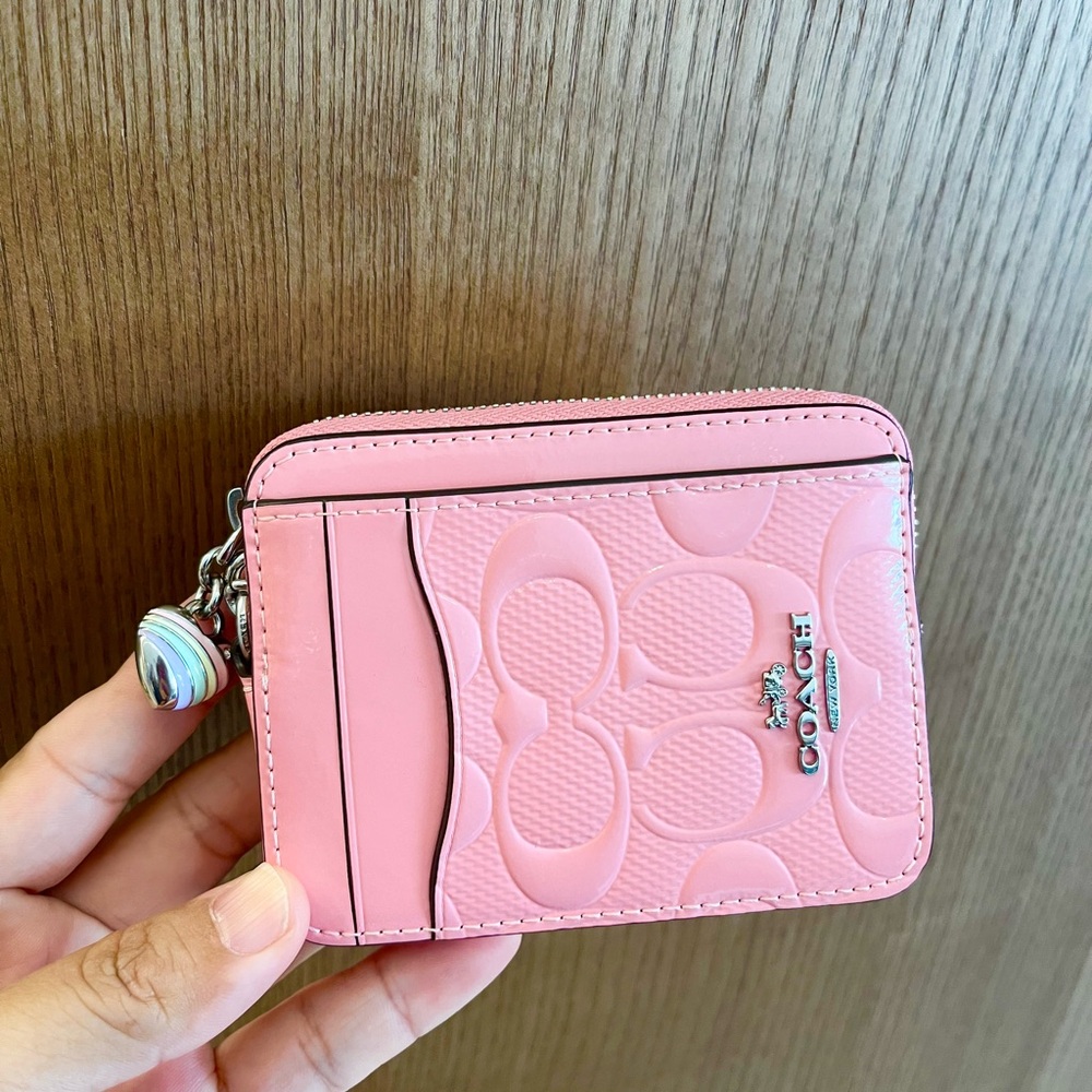 Coach Pink Signature Card Holder with Silver Chain and Heart Charm - Picture 5 of 9